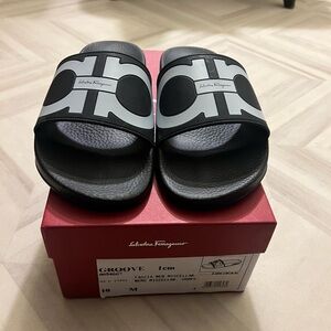 Salvatore Ferragamo Black and Gray Logo Slides
